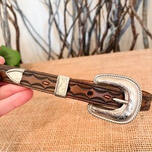 Silver Buckle Western Leather Belt Size 35/36